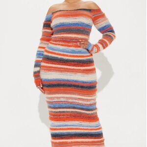 Fashion Nova Long Sleeve Fuzzy Orange and Blue Knit Sweater Dress